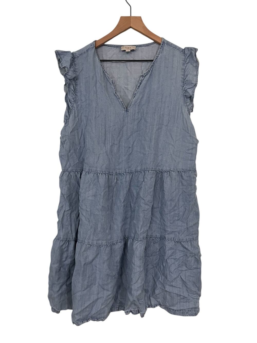Loft Outlet Womens Blue Chambray Ruffle Sleeve Tiered Lyocell Dress Size XL